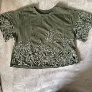 Anthropologie Olive Green Floral Lace Tee